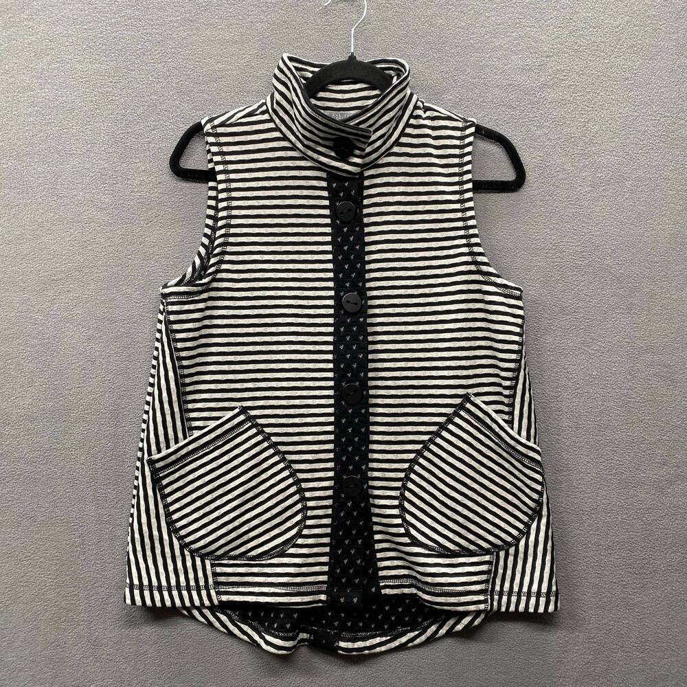 Habitat Lagenlook Artsy Striped Button Down Vest XS Black Grey Cotton Blend